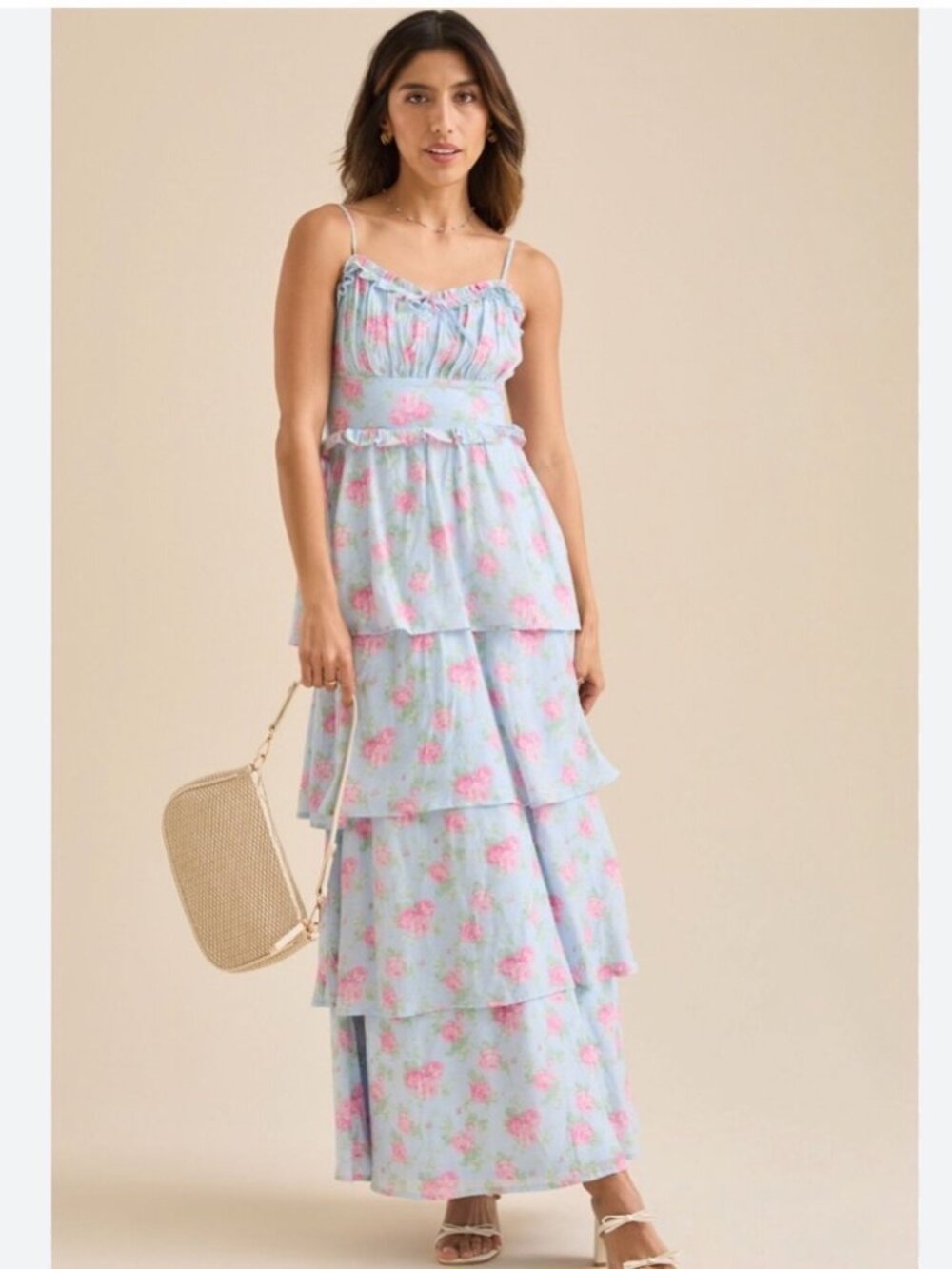 Altar'd State Blue & Pink Floral Tiered Maxi Dress